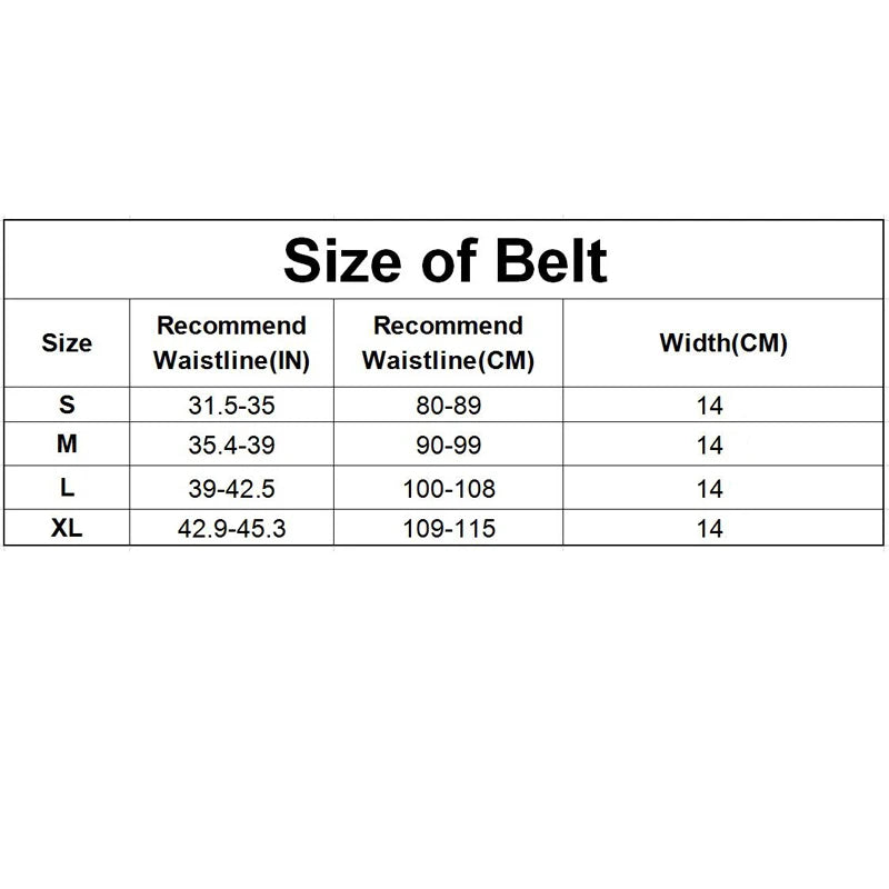 Size chart for a belt with waistline and width measurements.