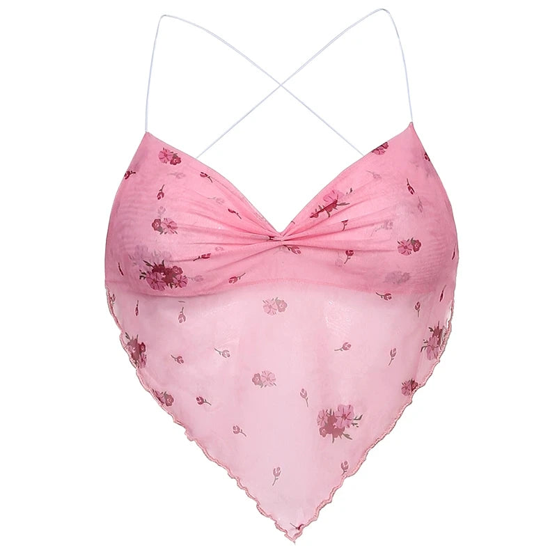 Y2K Floral Corset Top - Mesh See Through Tank