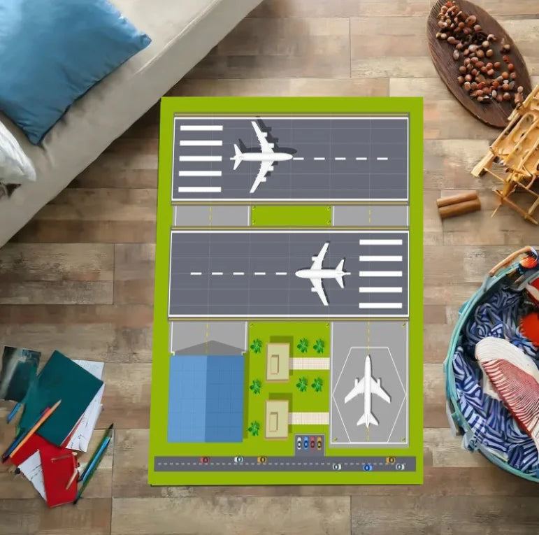 Airport Landing Strips Kids Play Rug - 3D Aircraft Carpet