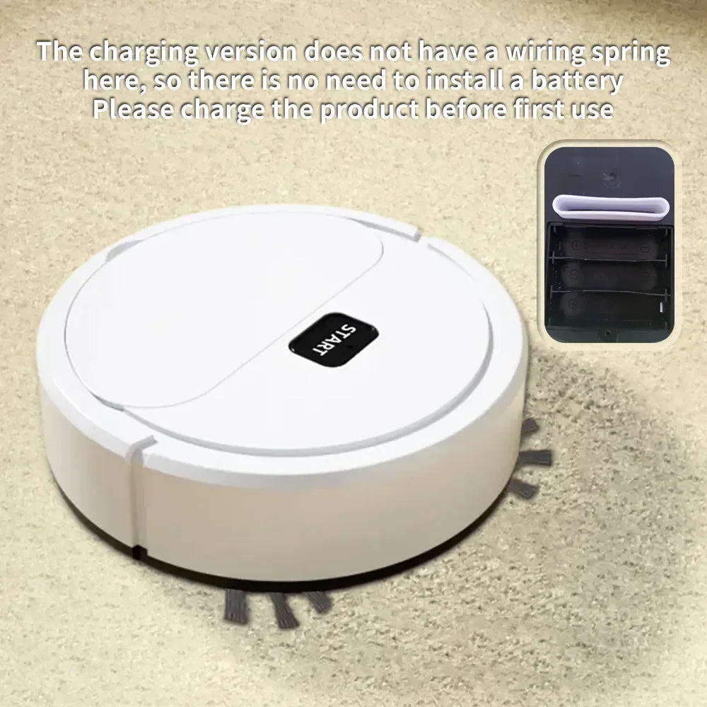 Robotic vacuum cleaner on a carpet with text about charging requirements.