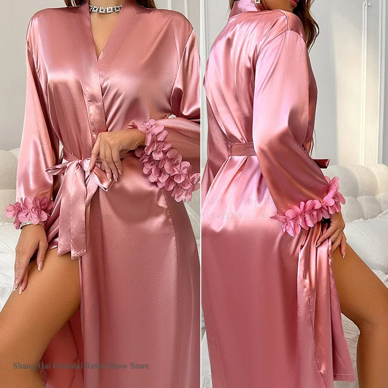 2-Piece Lace Kimono Robe Set - Silk Satin Nightgown