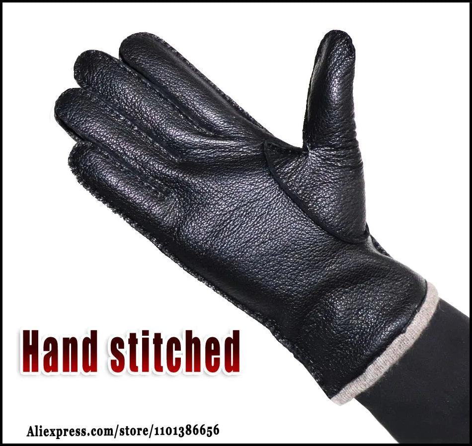 Guantes de piel auténtica de ciervo con textura - Unisex con forro de lana