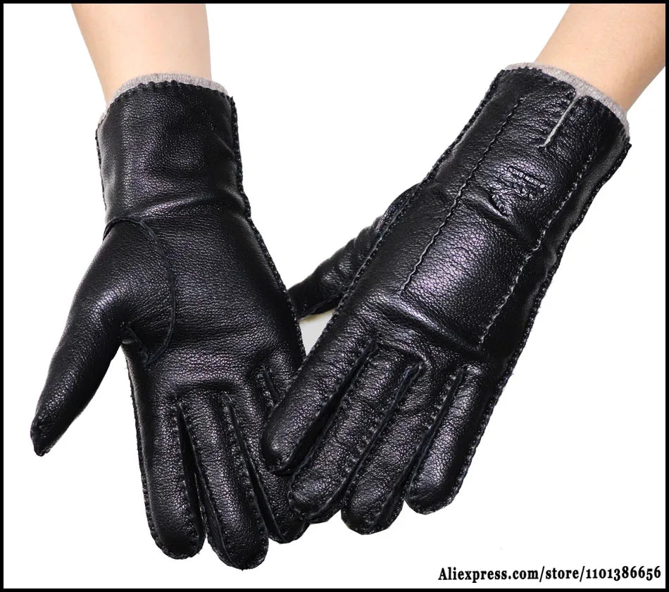 Guantes de piel auténtica de ciervo con textura - Unisex con forro de lana
