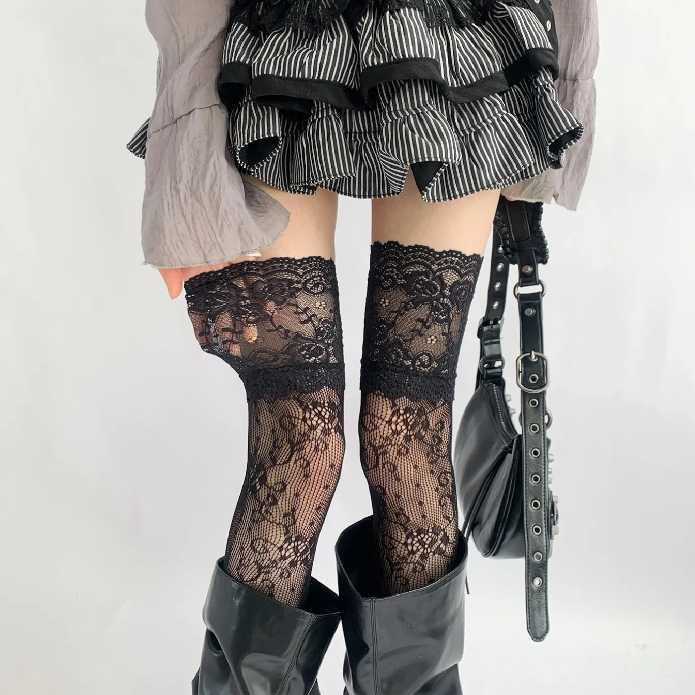 Women's Flower Lace Fishnet Thigh High Stockings - Sweet Frilly Trim