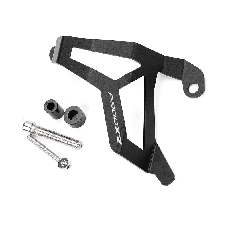 Black metal bracket with screws on a white background