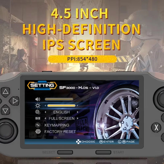Handheld gaming console with 4.5-inch high-definition IPS screen displaying settings menu.