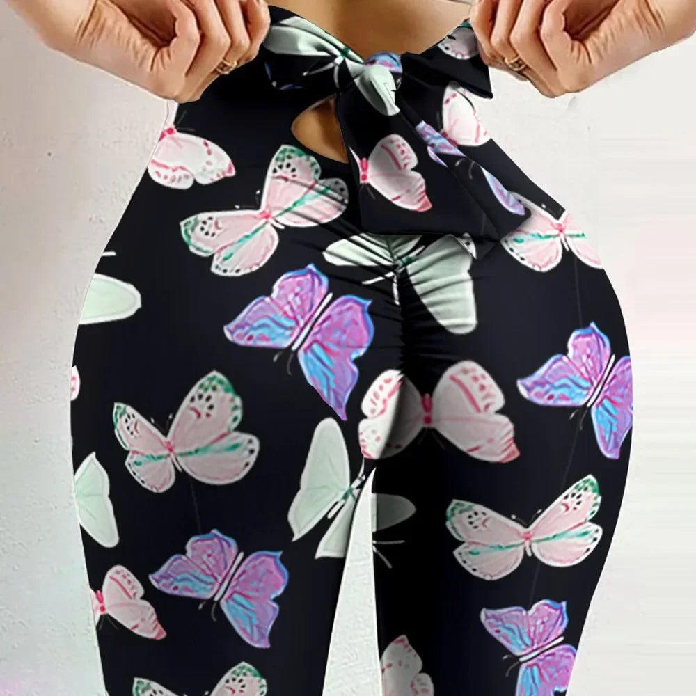Women's High Waist Butterfly Print Yoga Pants - Bow Bandage Tights