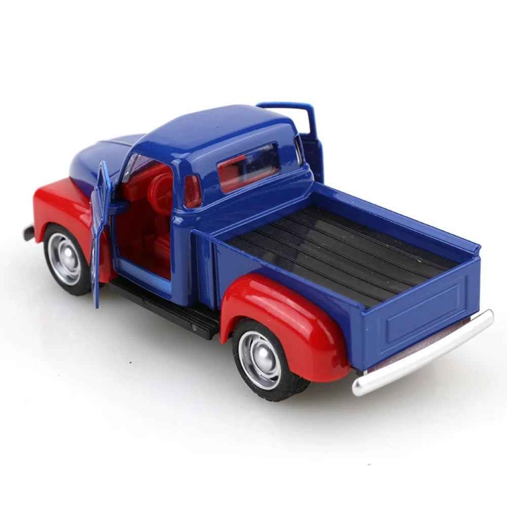 Model of a red and blue pickup truck on a white background