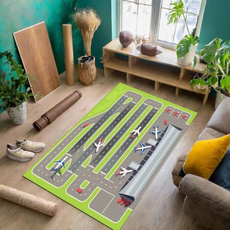 Airport Landing Strips Kids Play Rug - 3D Aircraft Carpet