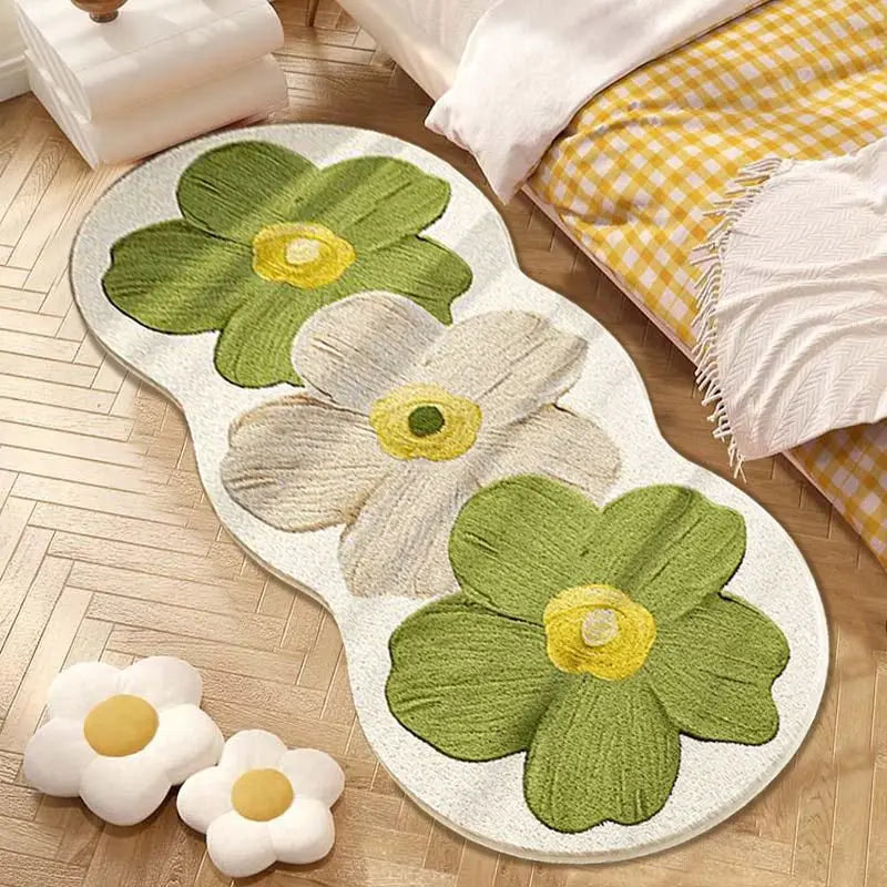 Nordic Style Floral Area Mat - Blue and Beige Bedroom Rug