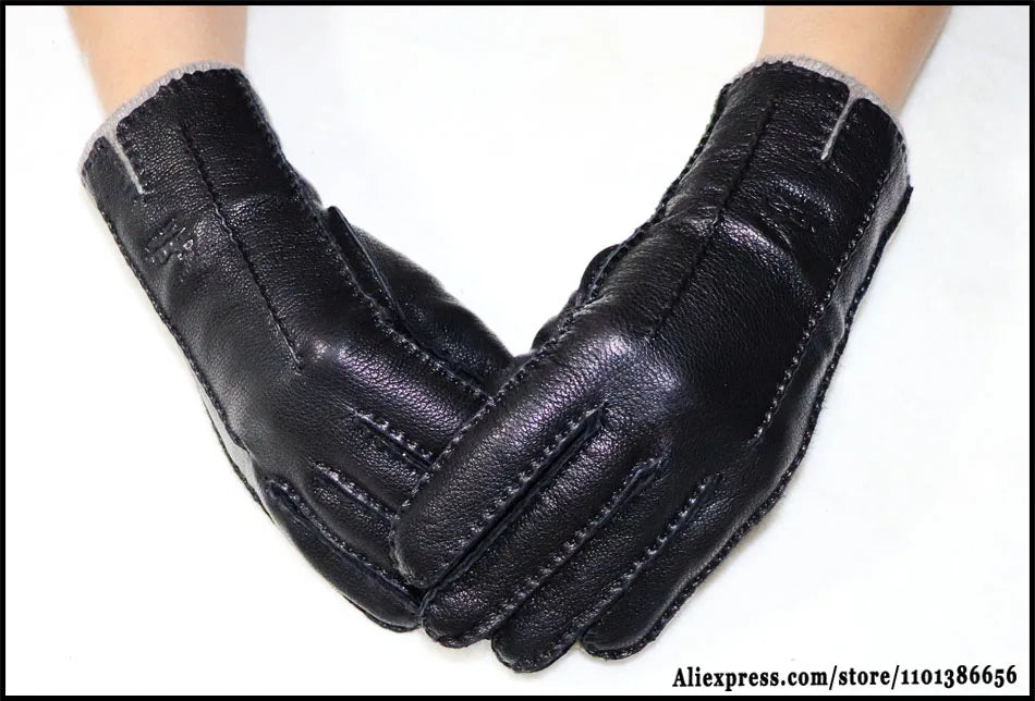 Guantes de piel auténtica de ciervo con textura - Unisex con forro de lana