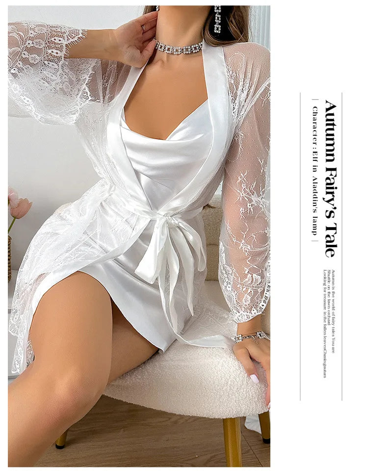 Bridal Silk Satin Robe Set - Lace Nightgown and Bathrobe