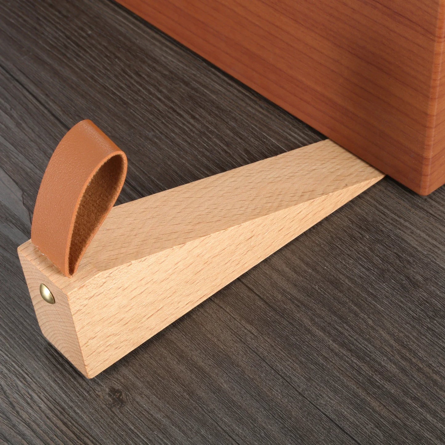 Solid Wood Door Stopper - Non-Slip Baby Safety Wedge with Leather Rope