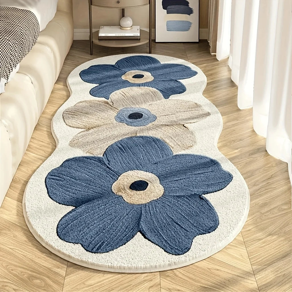 Nordic Style Floral Area Mat - Blue and Beige Bedroom Rug