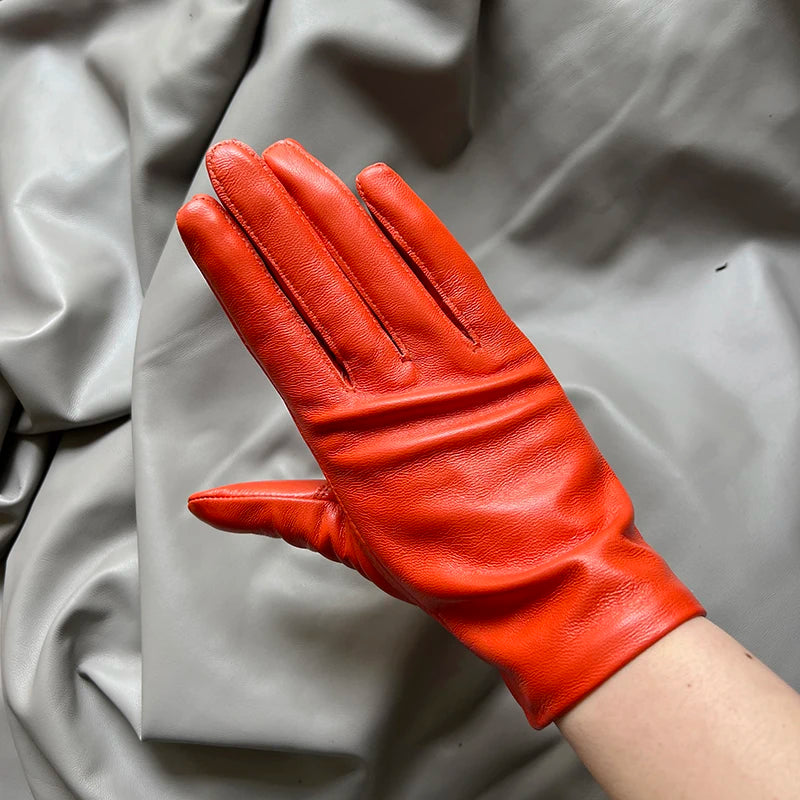 Guantes elegantes de piel de cordero con forro fino para mujer - Piel de oveja auténtica