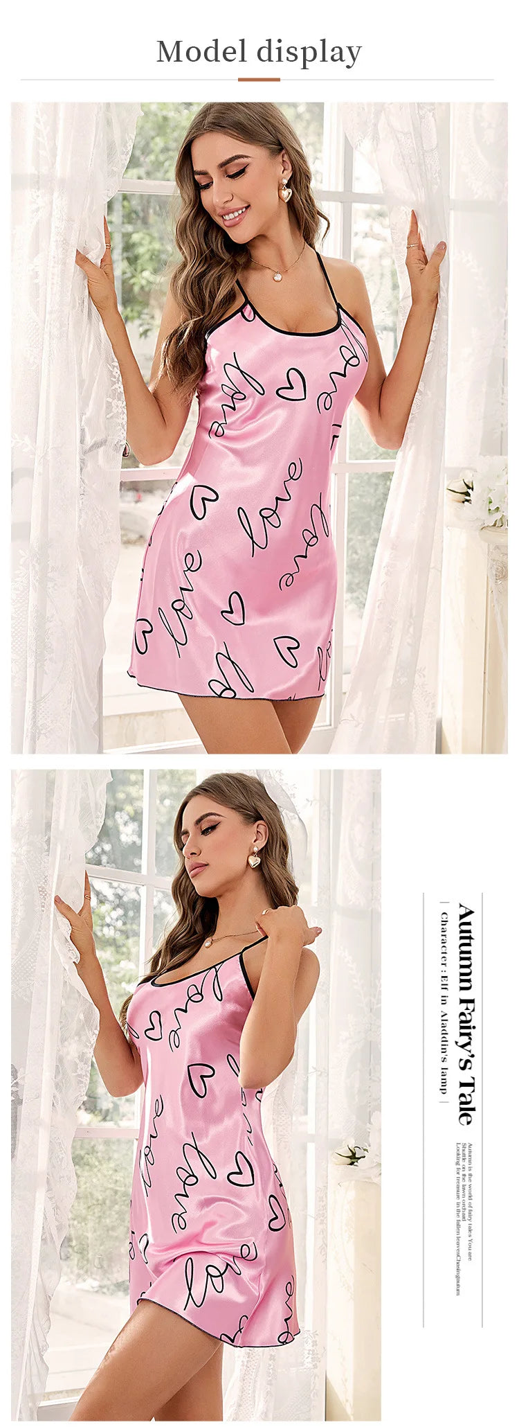 Heart Print Satin Nightdress - Criss Cross Back Sleep Dress