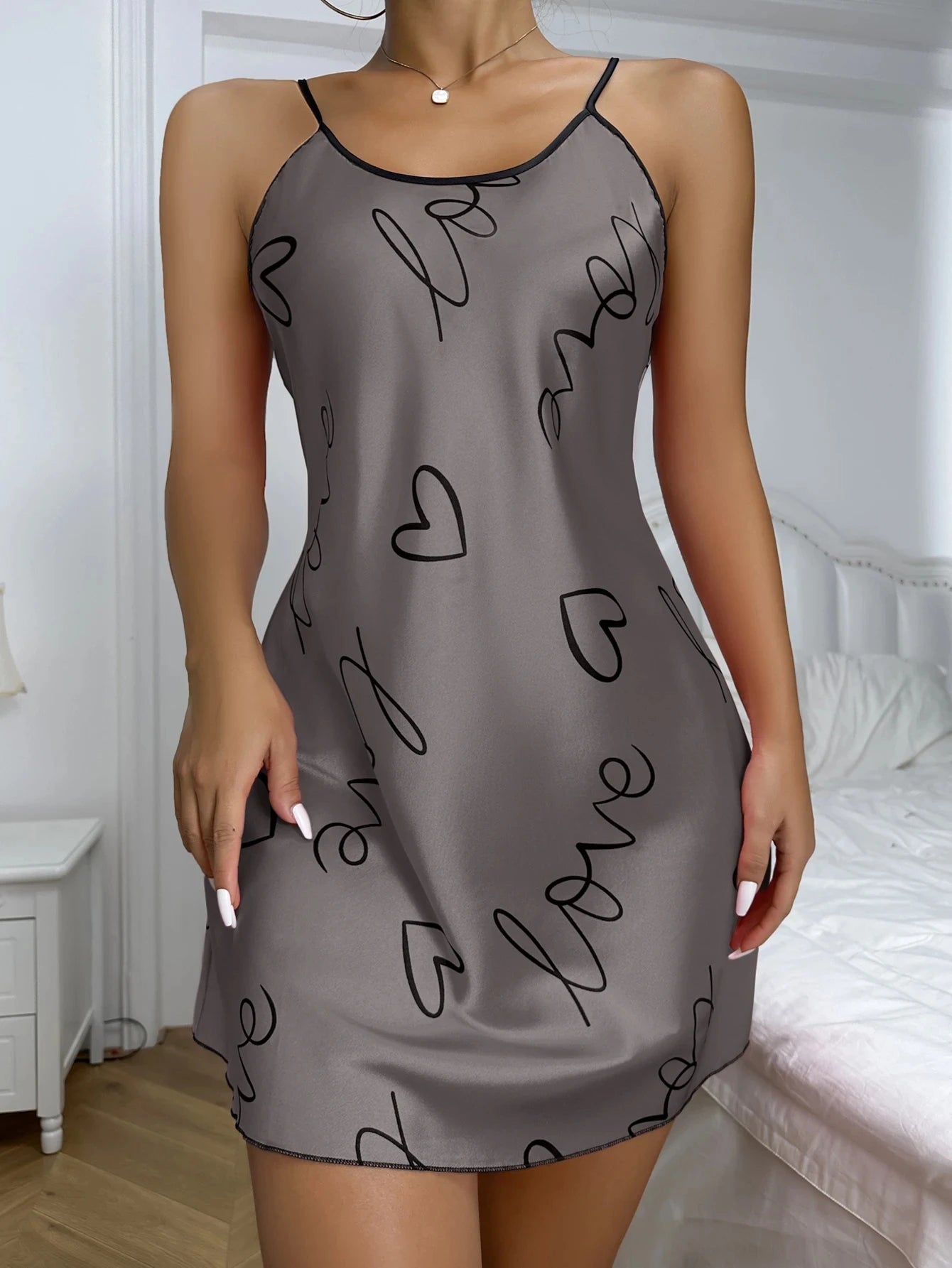 Heart Print Satin Nightdress - Criss Cross Back Sleep Dress