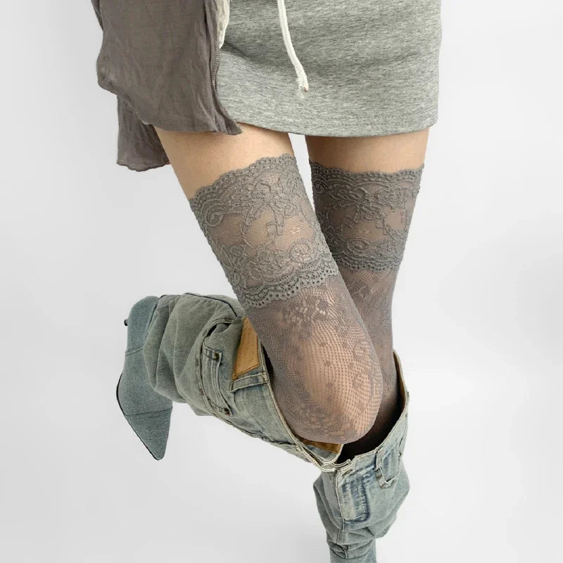 Women's Flower Lace Fishnet Thigh High Stockings - Sweet Frilly Trim