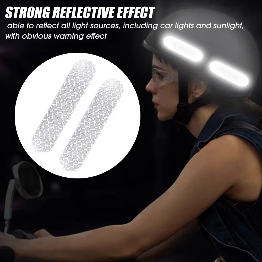 Person wearing a reflective helmet with text about its reflective properties.