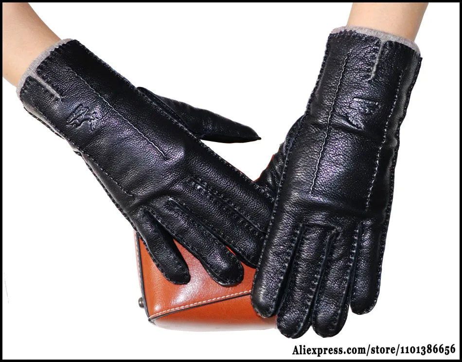 Guantes de piel auténtica de ciervo con textura - Unisex con forro de lana