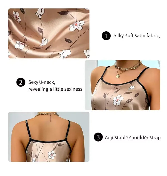 Floral Print Satin Nightgown - Backless Slip Night Dress