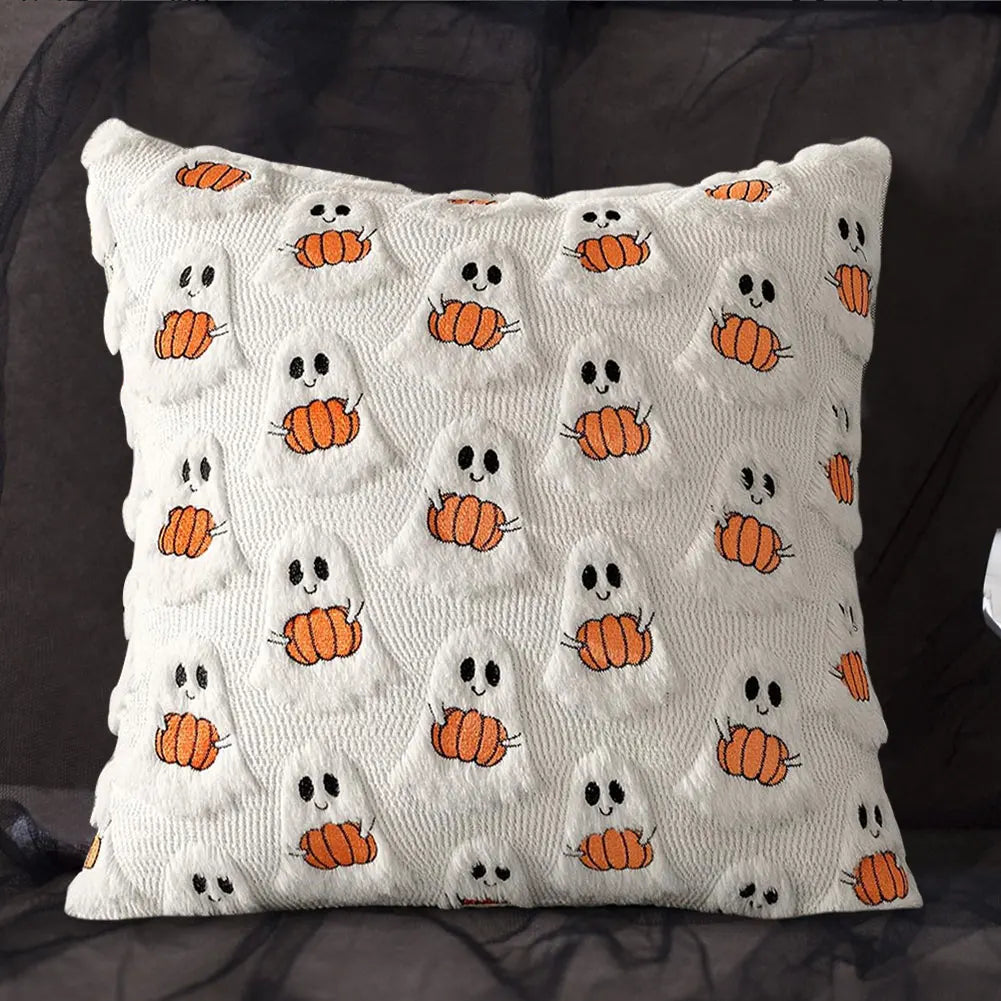 Halloween Ghost Pumpkin Pillowcase - Plush Faux Fur Pillow Cover