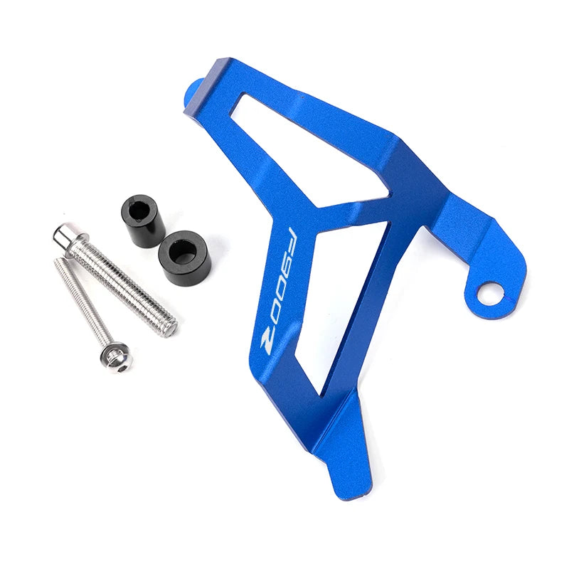 Blue metal bracket with screws on a white background
