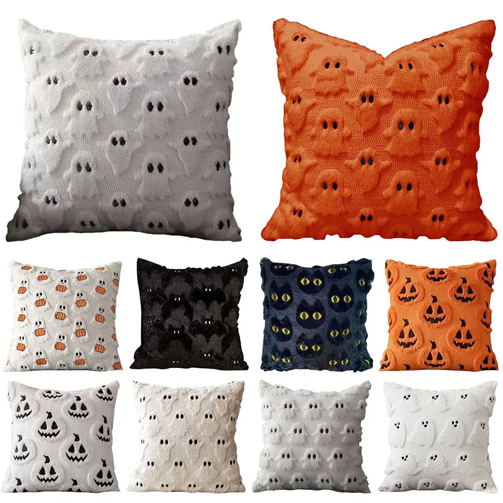 Halloween Ghost Pumpkin Pillowcase - Plush Faux Fur Pillow Cover