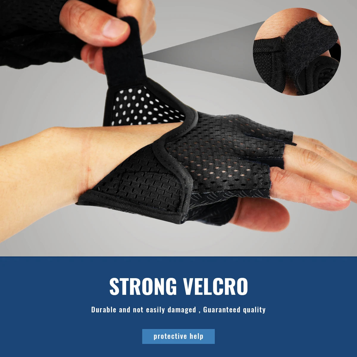 Black glove with strong velcro closure on a gray background