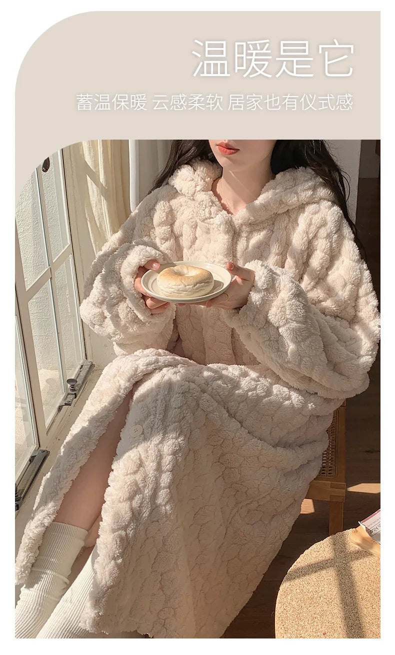 Winter Hooded Fleece Robe - Warm Pocket Nightgown