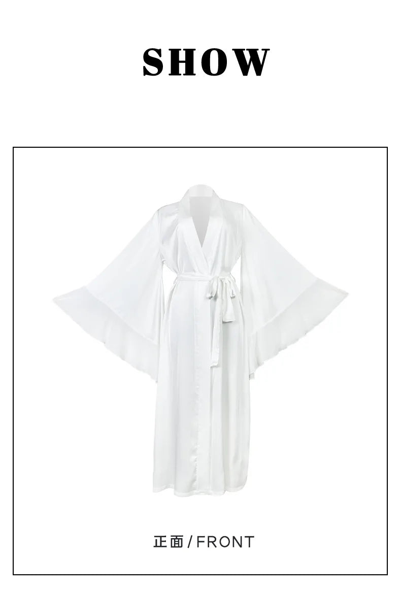 Lotus Leaf Sleeve Bridal Kimono Robe - Silk Satin Wedding Lingerie