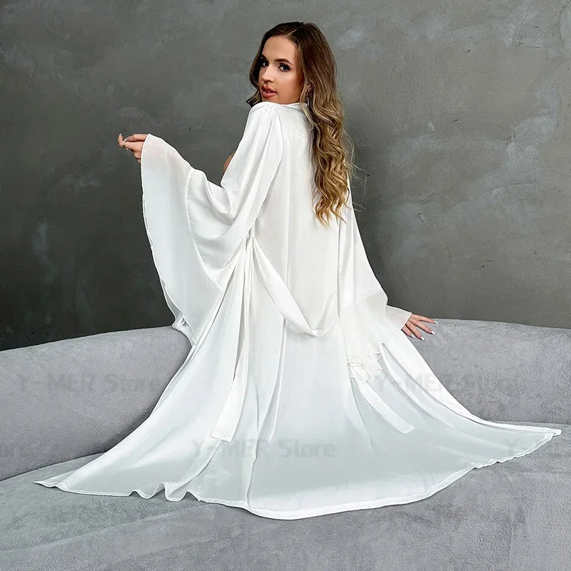 Lotus Leaf Sleeve Bridal Kimono Robe - Silk Satin Wedding Lingerie