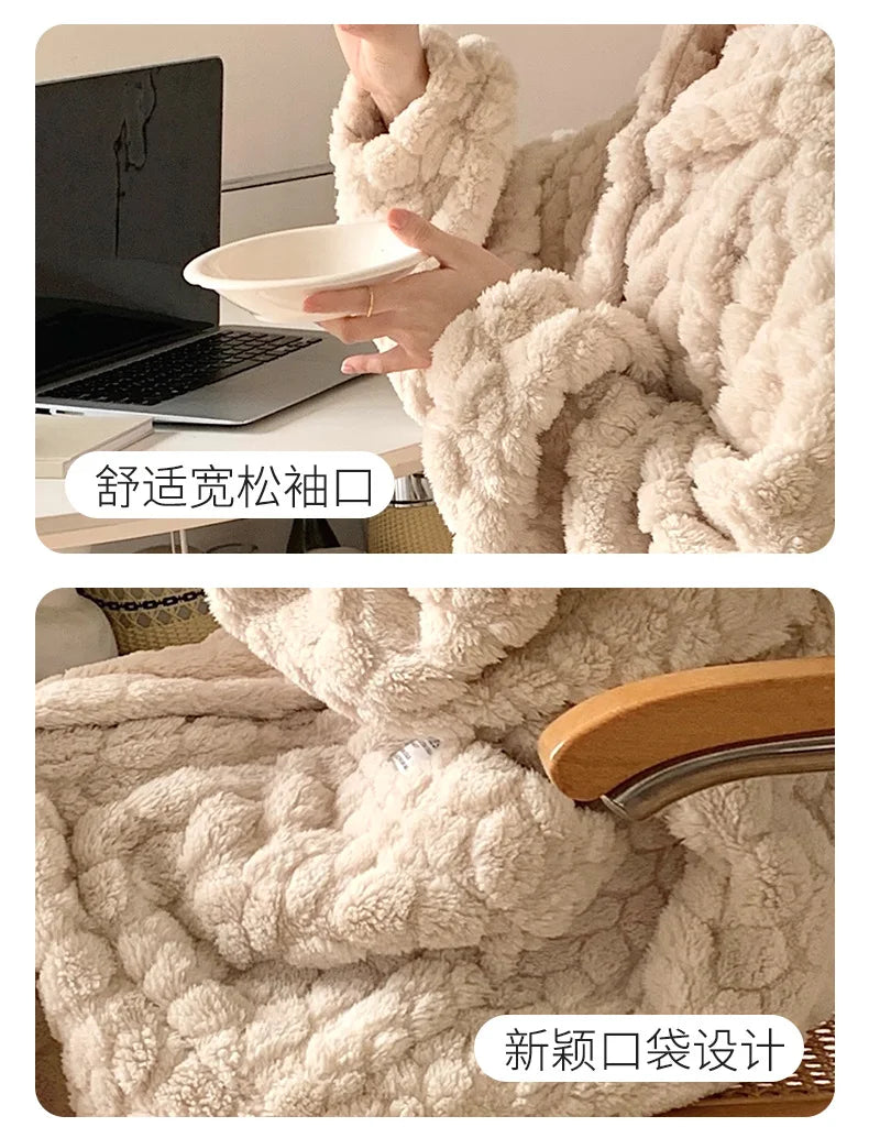 Winter Hooded Fleece Robe - Warm Pocket Nightgown