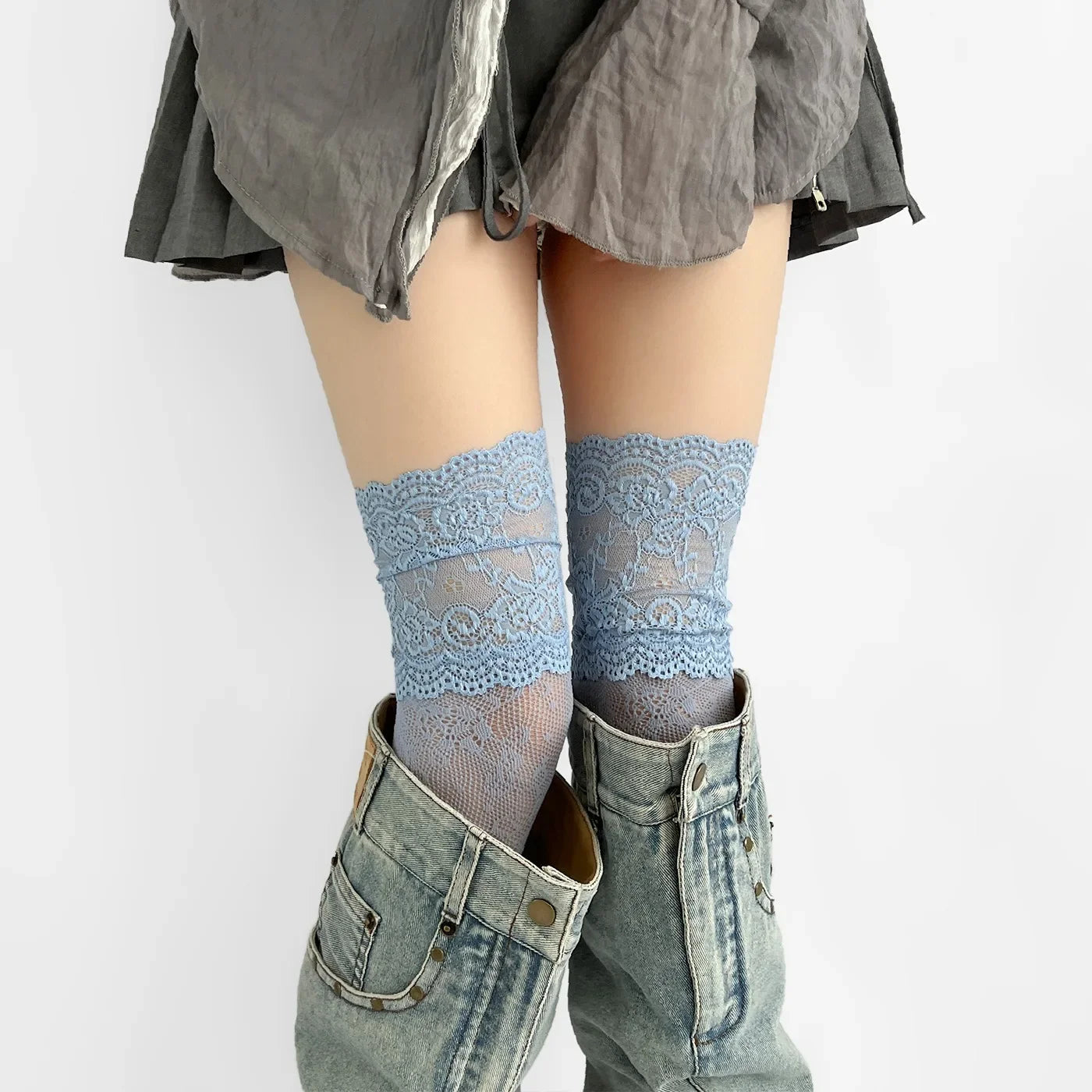 Women's Flower Lace Fishnet Thigh High Stockings - Sweet Frilly Trim