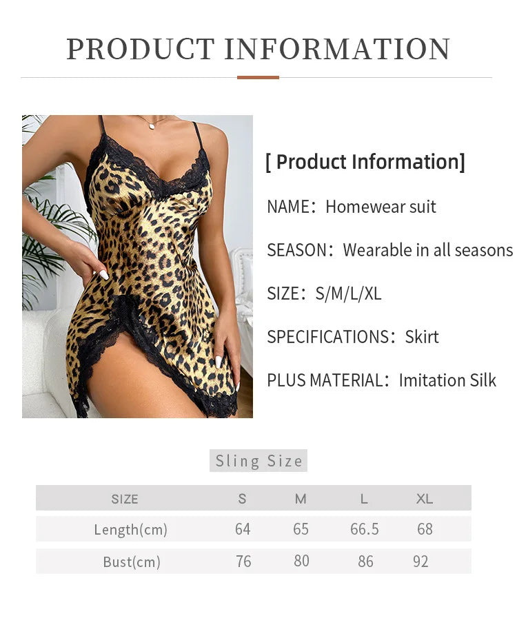 Lace Trim Leopard Nightdress - V-Neck Backless Slip Dress