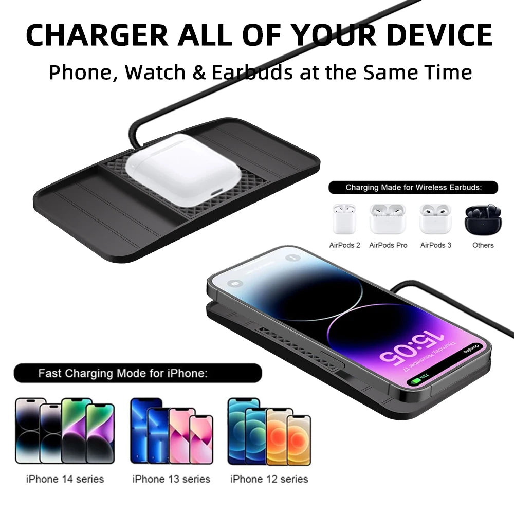 Chargeur sans fil rapide 15 W - Tapis en caoutchouc antidérapant pour le rangement dans la voiture