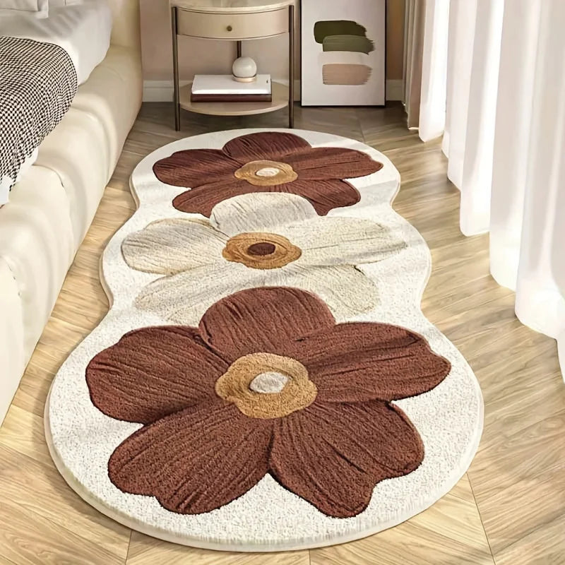 Nordic Style Floral Area Mat - Blue and Beige Bedroom Rug
