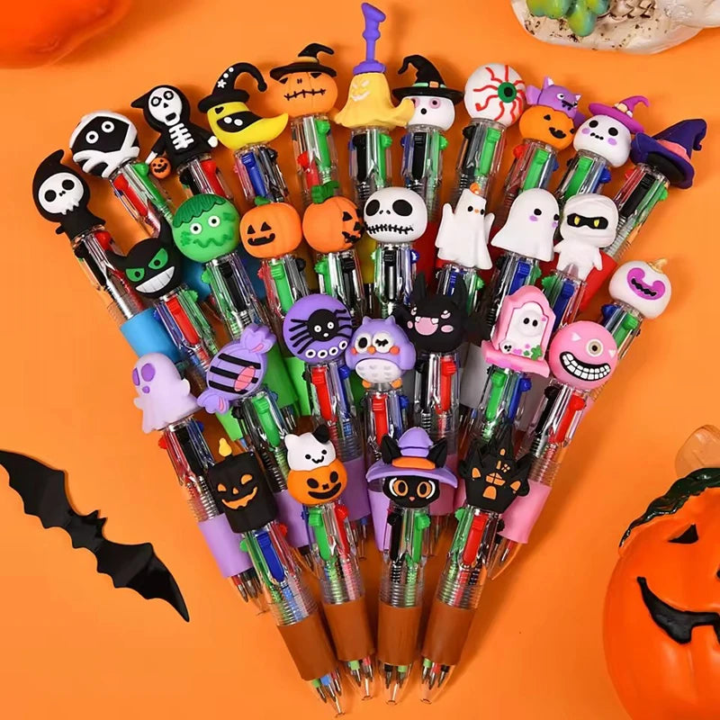 Assorted Halloween-themed pens with colorful cartoon character caps on an orange background.