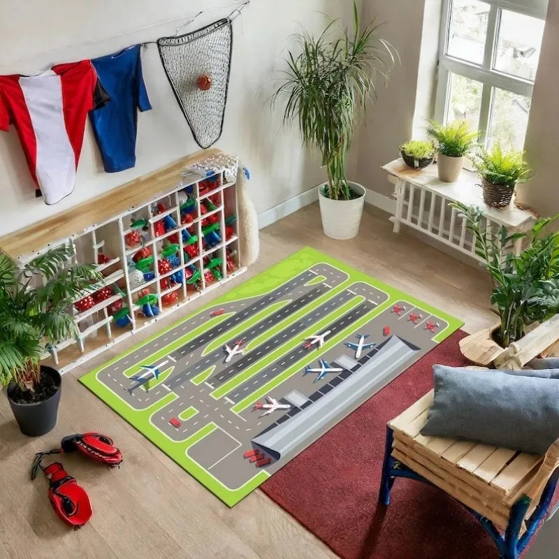 Airport Landing Strips Kids Play Rug - 3D Aircraft Carpet