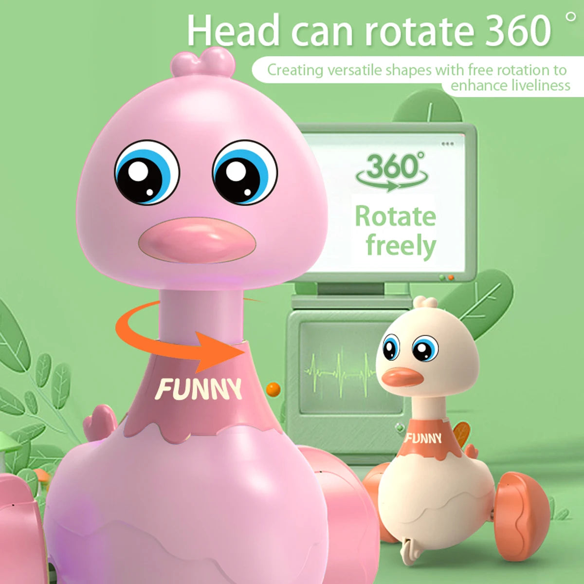 Pink toy duck with a rotating head on a green background