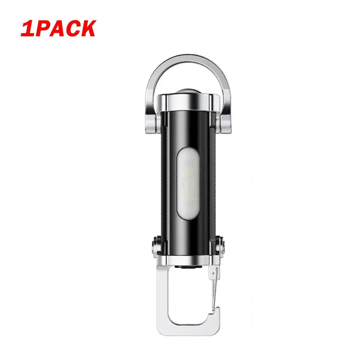 Black and silver flashlight with keychain on a white background, labeled '1 Pack'.