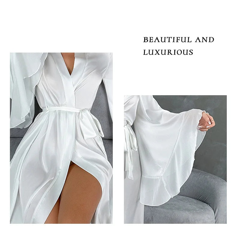 Lotus Leaf Sleeve Bridal Kimono Robe - Silk Satin Wedding Lingerie