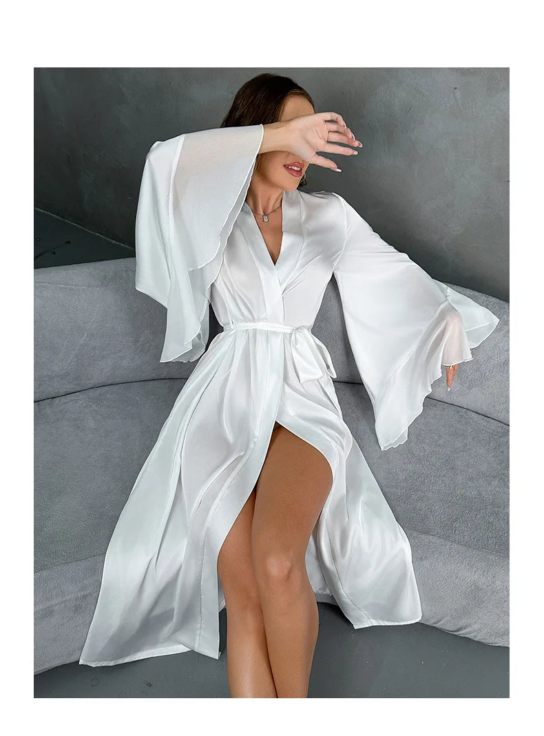 Lotus Leaf Sleeve Bridal Kimono Robe - Silk Satin Wedding Lingerie