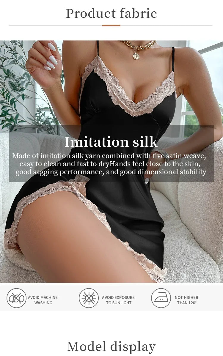 Lace Trim Leopard Nightdress - V-Neck Backless Slip Dress