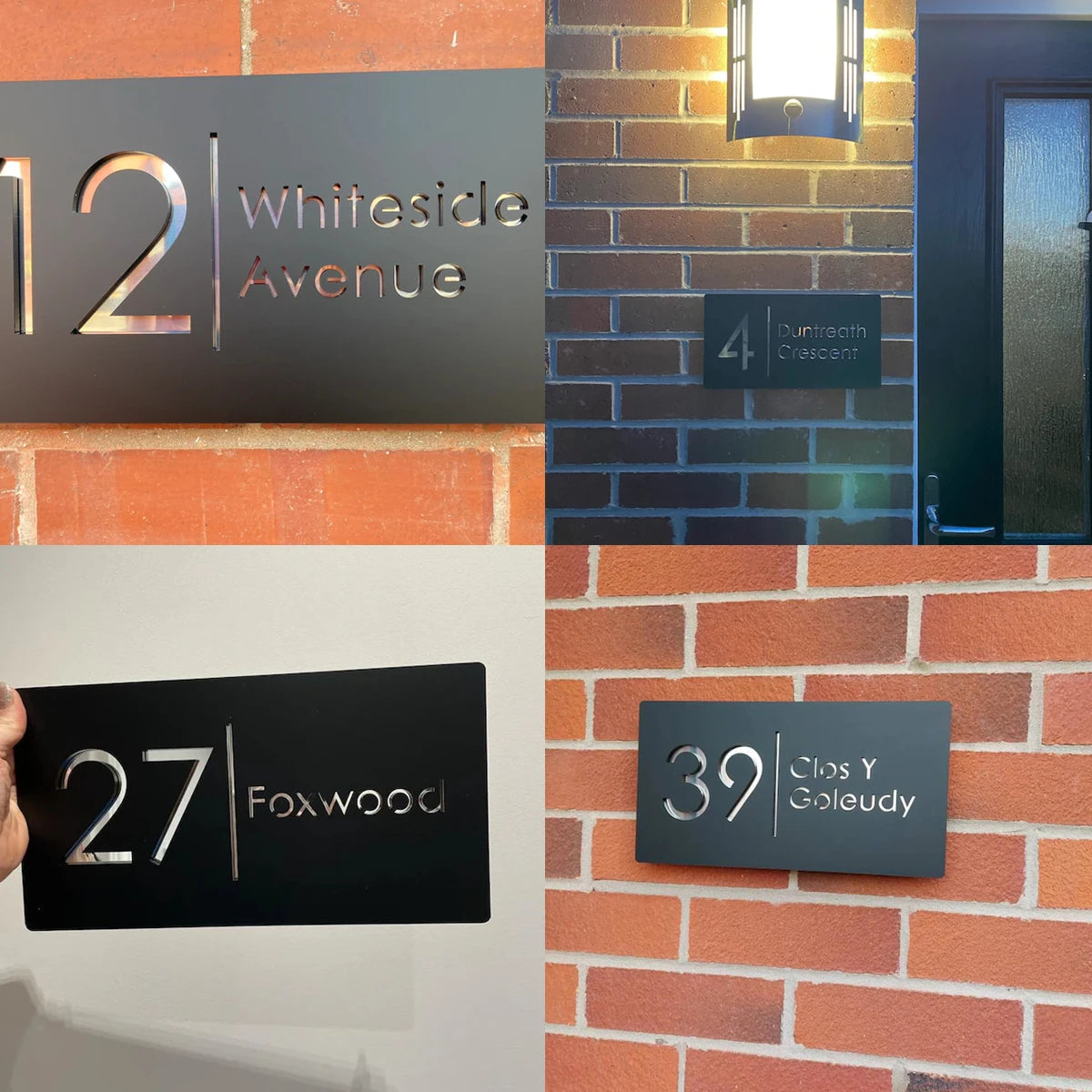 Placa personalizada con grabado láser de acrílico negro mate/gris mate para número de casa y número de calle para exteriores