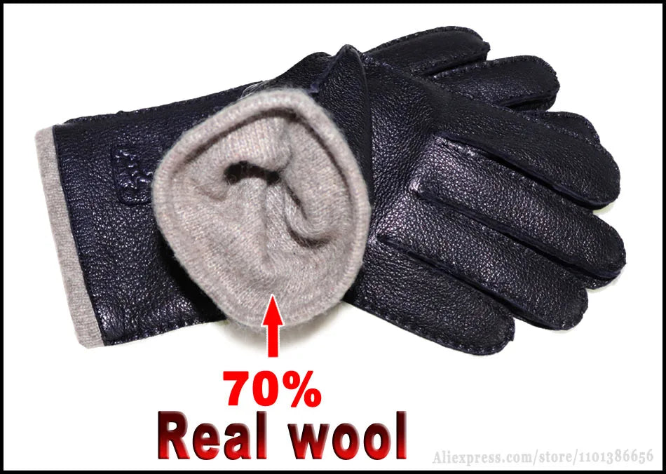 Guantes de piel auténtica de ciervo con textura - Unisex con forro de lana