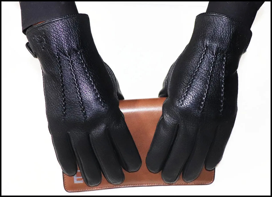 Guantes de piel auténtica de ciervo con textura - Unisex con forro de lana
