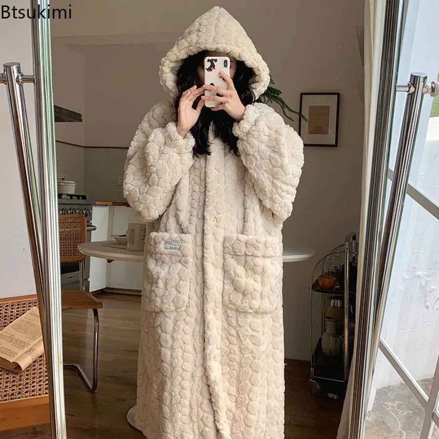 Winter Hooded Fleece Robe - Warm Pocket Nightgown