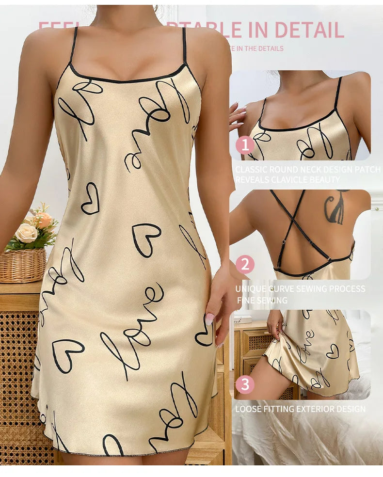 Heart Print Satin Nightdress - Criss Cross Back Sleep Dress