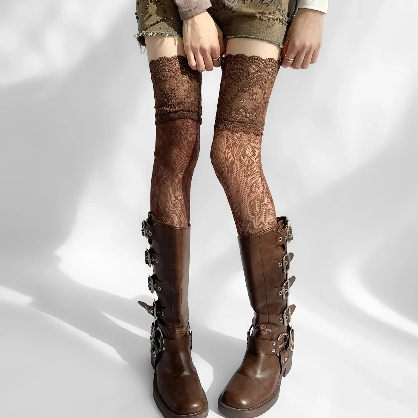 Women's Flower Lace Fishnet Thigh High Stockings - Sweet Frilly Trim